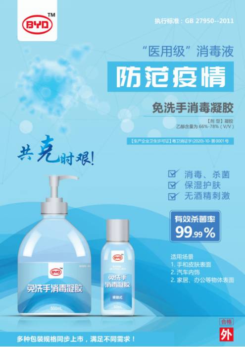 馳援抗疫 比亞迪醫用級免洗手消毒凝膠日產30萬瓶(20200220)421.png
